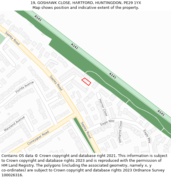 19, GOSHAWK CLOSE, HARTFORD, HUNTINGDON, PE29 1YX: Location map and indicative extent of plot