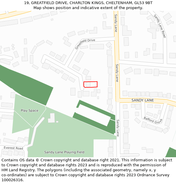 19, GREATFIELD DRIVE, CHARLTON KINGS, CHELTENHAM, GL53 9BT: Location map and indicative extent of plot