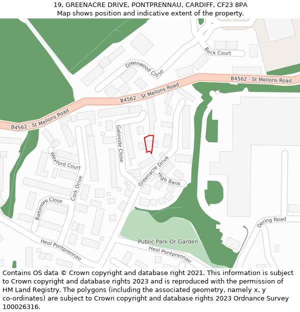 19, GREENACRE DRIVE, PONTPRENNAU, CARDIFF, CF23 8PA: Location map and indicative extent of plot