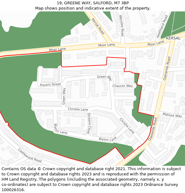 19, GREENE WAY, SALFORD, M7 3BP: Location map and indicative extent of plot