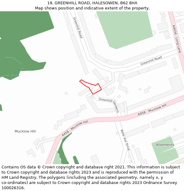 19, GREENHILL ROAD, HALESOWEN, B62 8HA: Location map and indicative extent of plot
