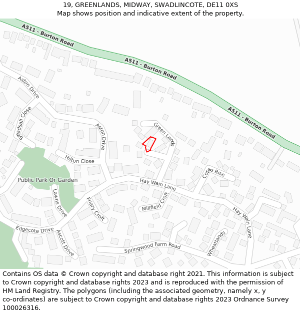 19, GREENLANDS, MIDWAY, SWADLINCOTE, DE11 0XS: Location map and indicative extent of plot