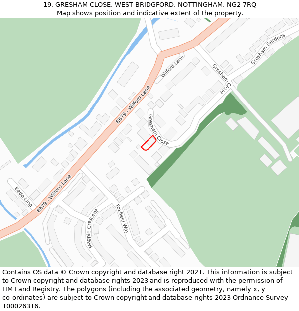 19, GRESHAM CLOSE, WEST BRIDGFORD, NOTTINGHAM, NG2 7RQ: Location map and indicative extent of plot