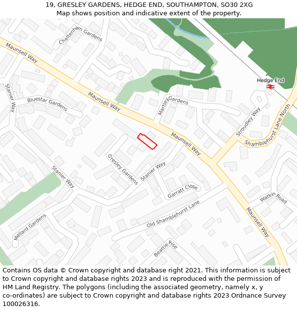 19, GRESLEY GARDENS, HEDGE END, SOUTHAMPTON, SO30 2XG: Location map and indicative extent of plot