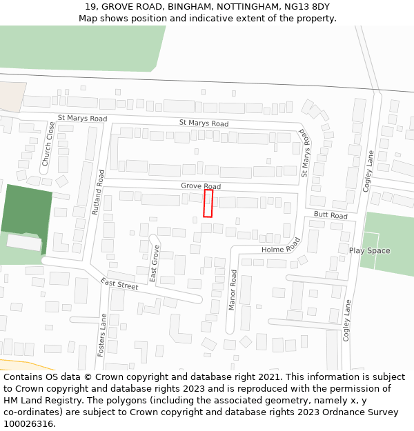 19, GROVE ROAD, BINGHAM, NOTTINGHAM, NG13 8DY: Location map and indicative extent of plot