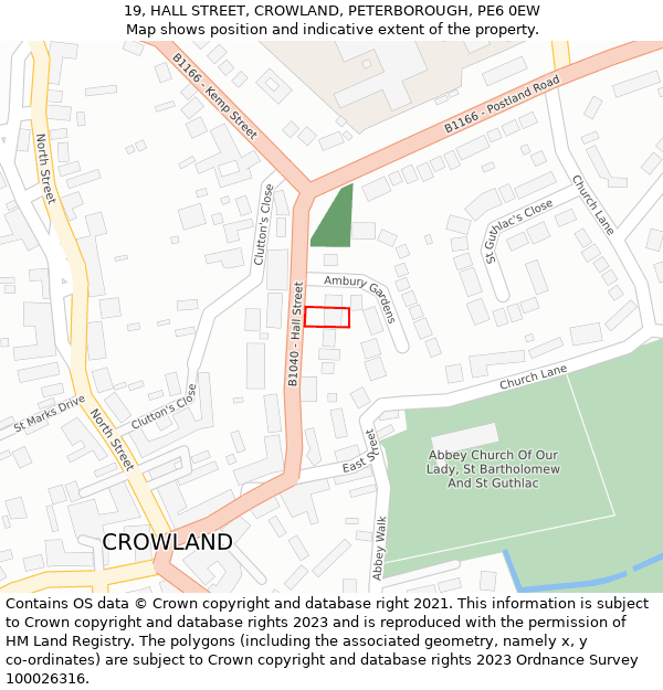 19, HALL STREET, CROWLAND, PETERBOROUGH, PE6 0EW: Location map and indicative extent of plot