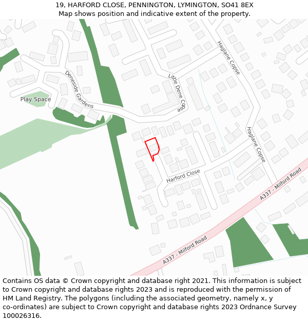 19, HARFORD CLOSE, PENNINGTON, LYMINGTON, SO41 8EX: Location map and indicative extent of plot