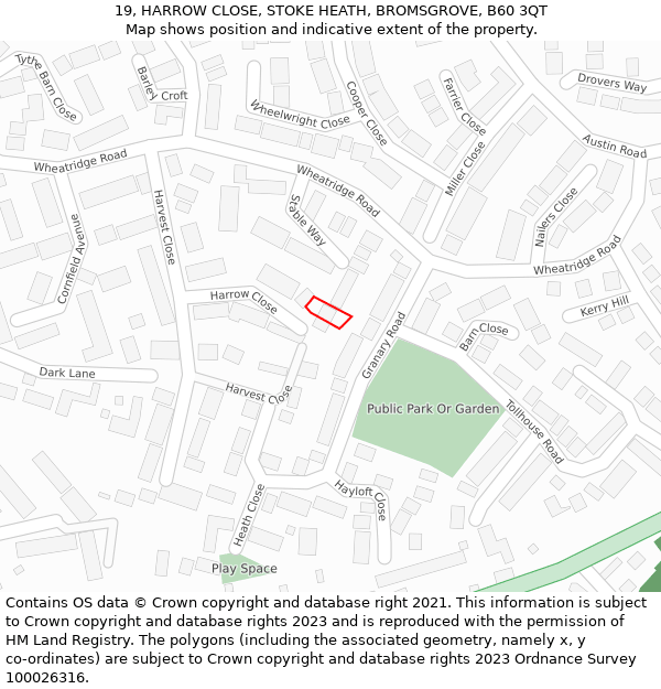 19, HARROW CLOSE, STOKE HEATH, BROMSGROVE, B60 3QT: Location map and indicative extent of plot