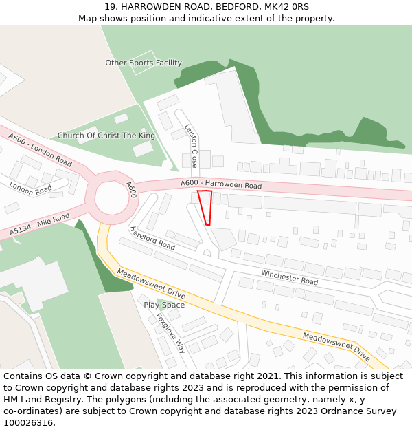 19, HARROWDEN ROAD, BEDFORD, MK42 0RS: Location map and indicative extent of plot