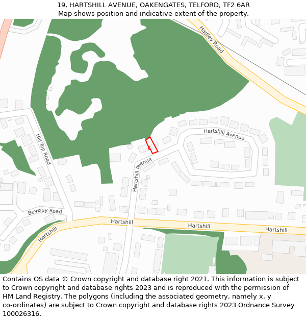 19, HARTSHILL AVENUE, OAKENGATES, TELFORD, TF2 6AR: Location map and indicative extent of plot