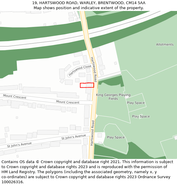 19, HARTSWOOD ROAD, WARLEY, BRENTWOOD, CM14 5AA: Location map and indicative extent of plot