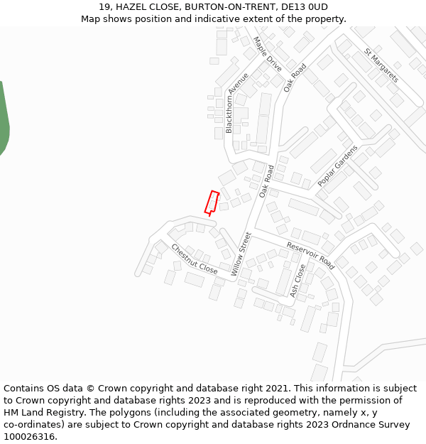 19, HAZEL CLOSE, BURTON-ON-TRENT, DE13 0UD: Location map and indicative extent of plot