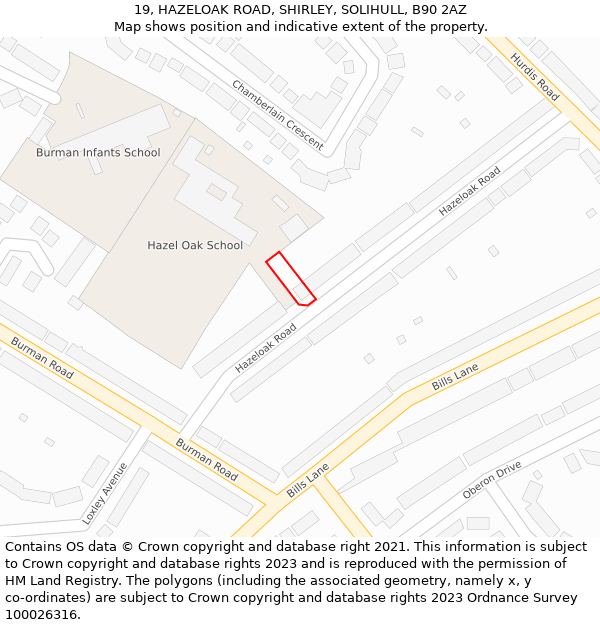 19, HAZELOAK ROAD, SHIRLEY, SOLIHULL, B90 2AZ: Location map and indicative extent of plot