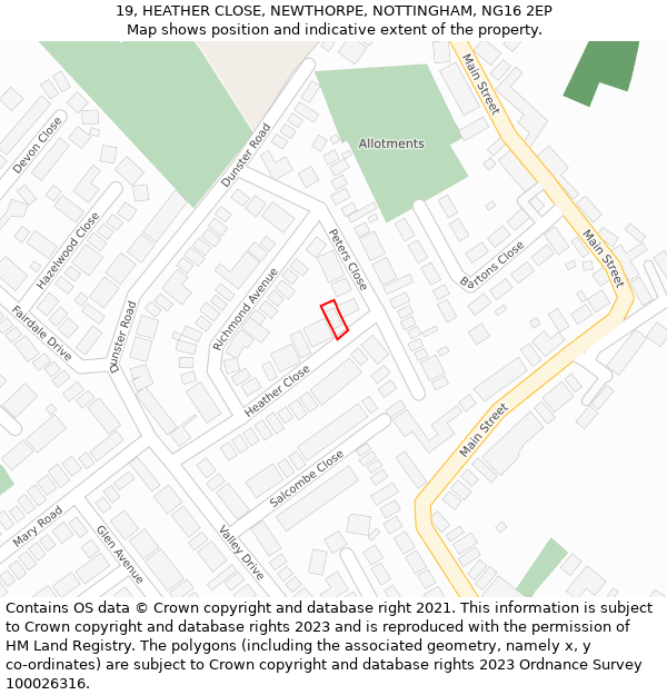 19, HEATHER CLOSE, NEWTHORPE, NOTTINGHAM, NG16 2EP: Location map and indicative extent of plot