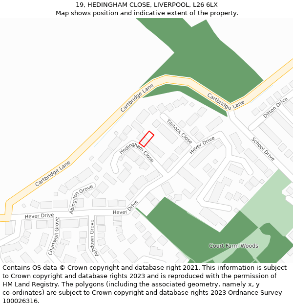 19, HEDINGHAM CLOSE, LIVERPOOL, L26 6LX: Location map and indicative extent of plot