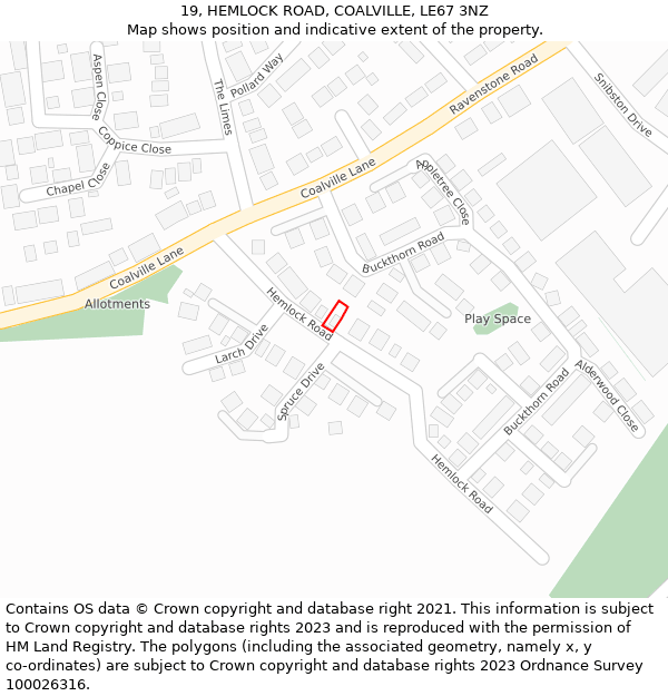 19, HEMLOCK ROAD, COALVILLE, LE67 3NZ: Location map and indicative extent of plot