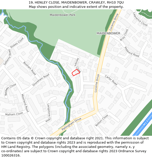 19, HENLEY CLOSE, MAIDENBOWER, CRAWLEY, RH10 7QU: Location map and indicative extent of plot