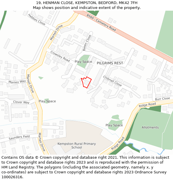 19, HENMAN CLOSE, KEMPSTON, BEDFORD, MK42 7FH: Location map and indicative extent of plot
