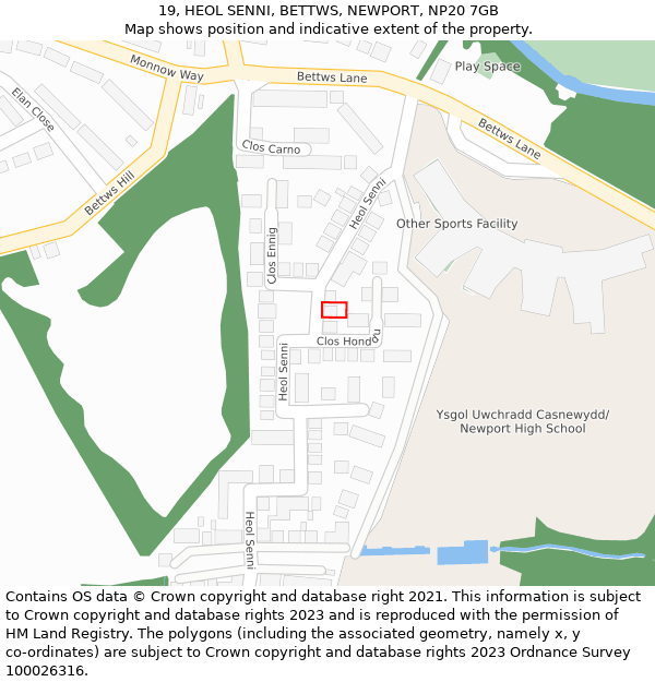 19, HEOL SENNI, BETTWS, NEWPORT, NP20 7GB: Location map and indicative extent of plot