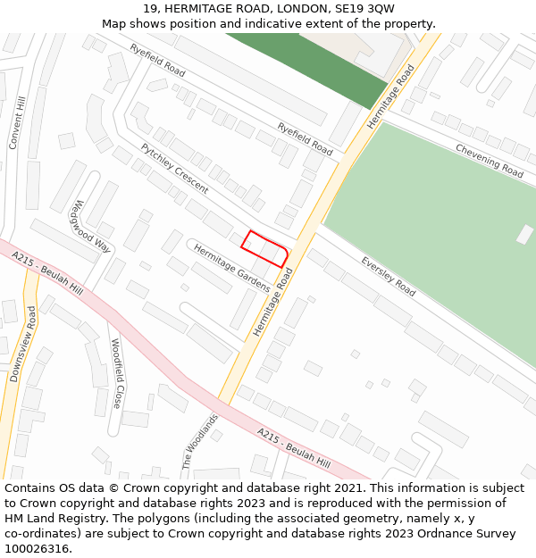 19, HERMITAGE ROAD, LONDON, SE19 3QW: Location map and indicative extent of plot