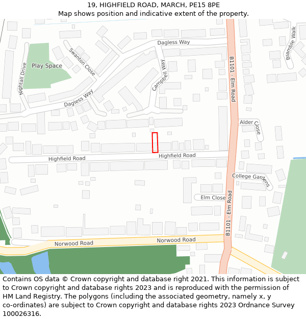 19, HIGHFIELD ROAD, MARCH, PE15 8PE: Location map and indicative extent of plot