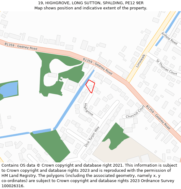 19, HIGHGROVE, LONG SUTTON, SPALDING, PE12 9ER: Location map and indicative extent of plot