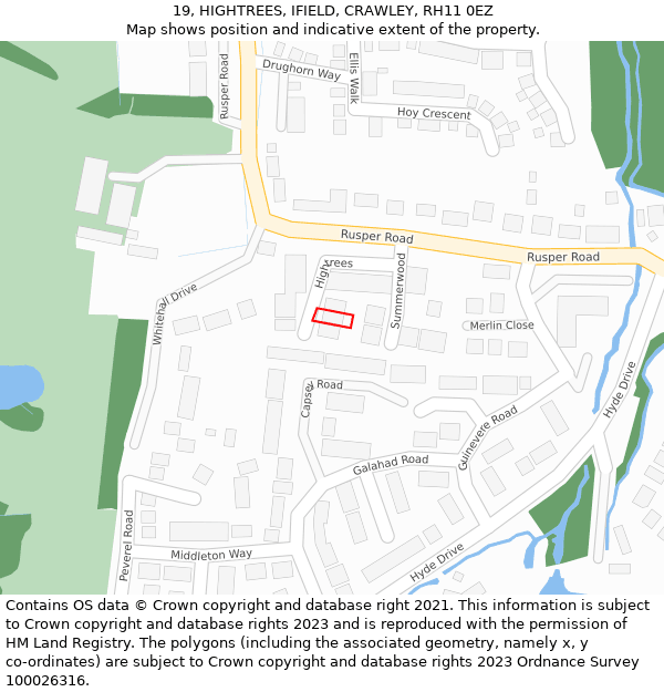 19, HIGHTREES, IFIELD, CRAWLEY, RH11 0EZ: Location map and indicative extent of plot