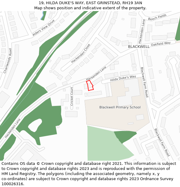 19, HILDA DUKE'S WAY, EAST GRINSTEAD, RH19 3AN: Location map and indicative extent of plot