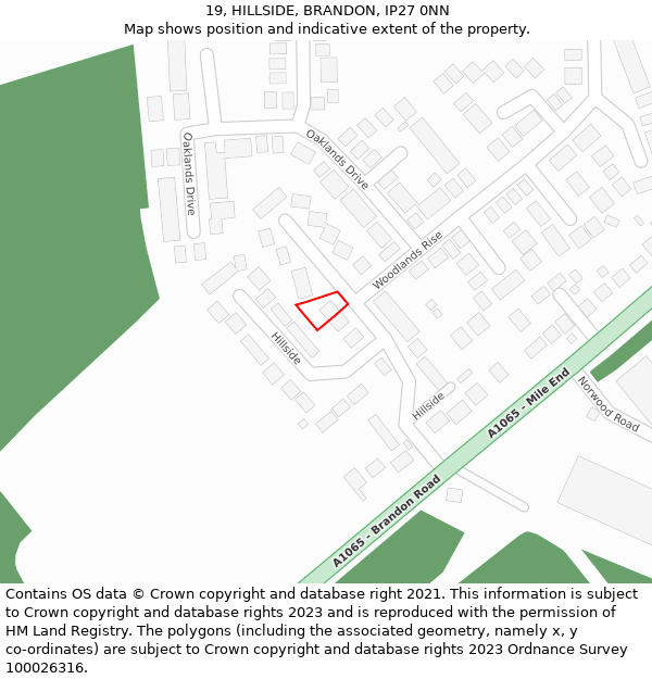 19, HILLSIDE, BRANDON, IP27 0NN: Location map and indicative extent of plot