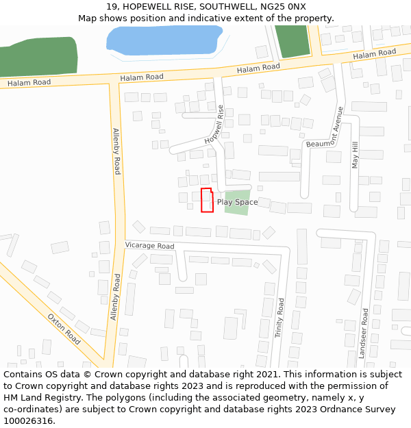 19, HOPEWELL RISE, SOUTHWELL, NG25 0NX: Location map and indicative extent of plot