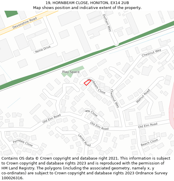 19, HORNBEAM CLOSE, HONITON, EX14 2UB: Location map and indicative extent of plot