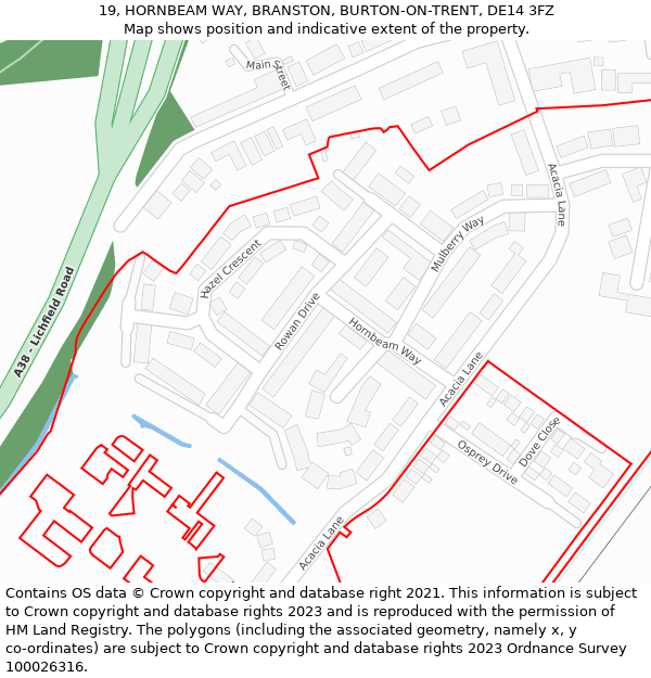 19, HORNBEAM WAY, BRANSTON, BURTON-ON-TRENT, DE14 3FZ: Location map and indicative extent of plot