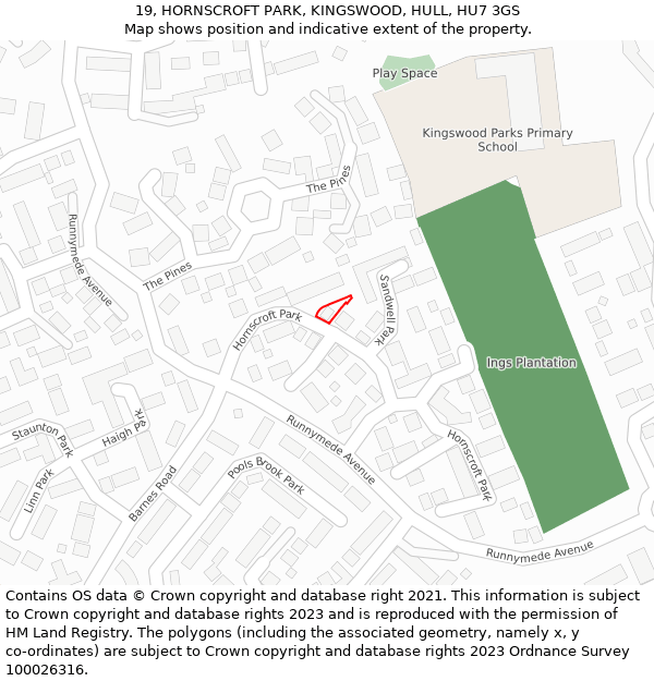 19, HORNSCROFT PARK, KINGSWOOD, HULL, HU7 3GS: Location map and indicative extent of plot