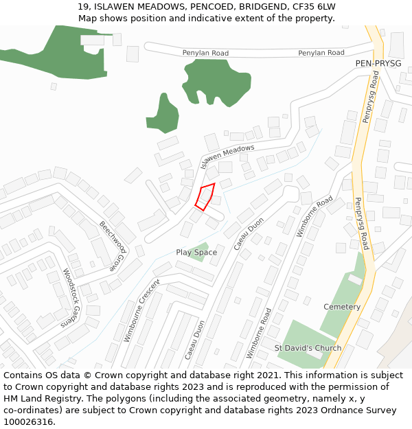 19, ISLAWEN MEADOWS, PENCOED, BRIDGEND, CF35 6LW: Location map and indicative extent of plot