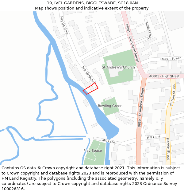 19, IVEL GARDENS, BIGGLESWADE, SG18 0AN: Location map and indicative extent of plot