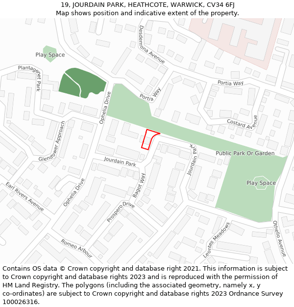 19, JOURDAIN PARK, HEATHCOTE, WARWICK, CV34 6FJ: Location map and indicative extent of plot