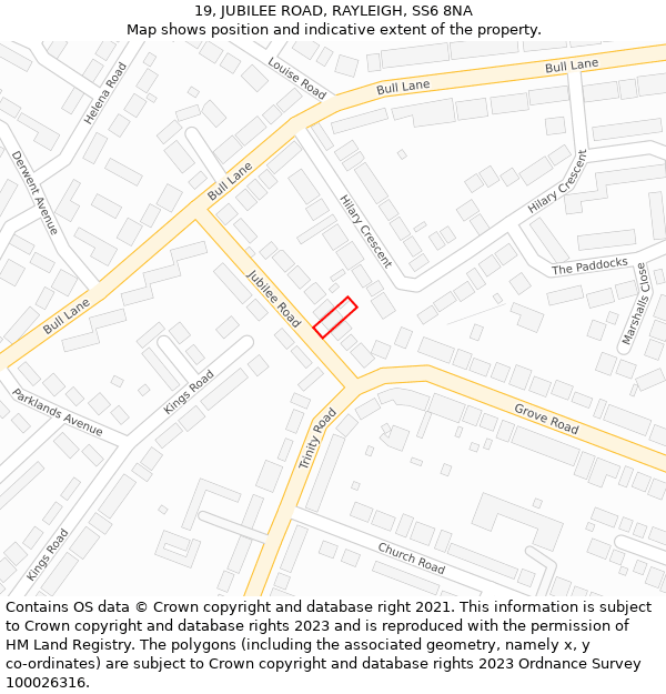 19, JUBILEE ROAD, RAYLEIGH, SS6 8NA: Location map and indicative extent of plot