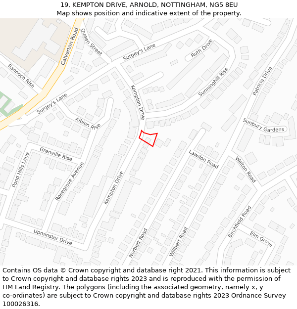 19, KEMPTON DRIVE, ARNOLD, NOTTINGHAM, NG5 8EU: Location map and indicative extent of plot