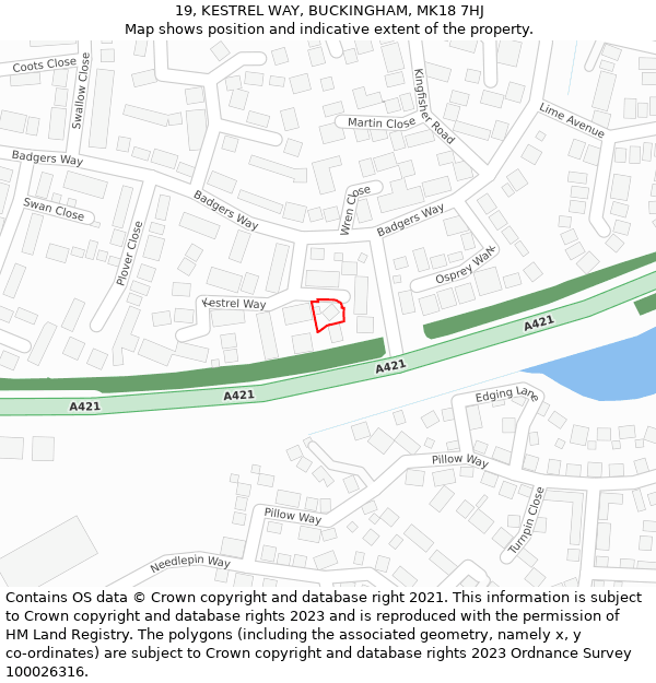 19, KESTREL WAY, BUCKINGHAM, MK18 7HJ: Location map and indicative extent of plot