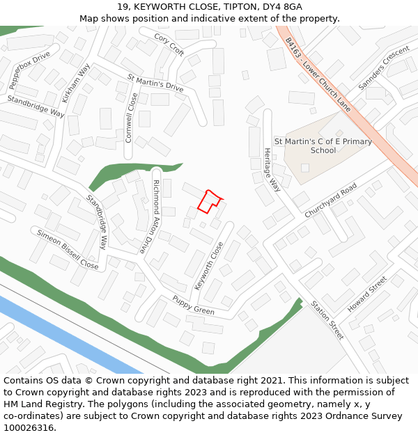 19, KEYWORTH CLOSE, TIPTON, DY4 8GA: Location map and indicative extent of plot