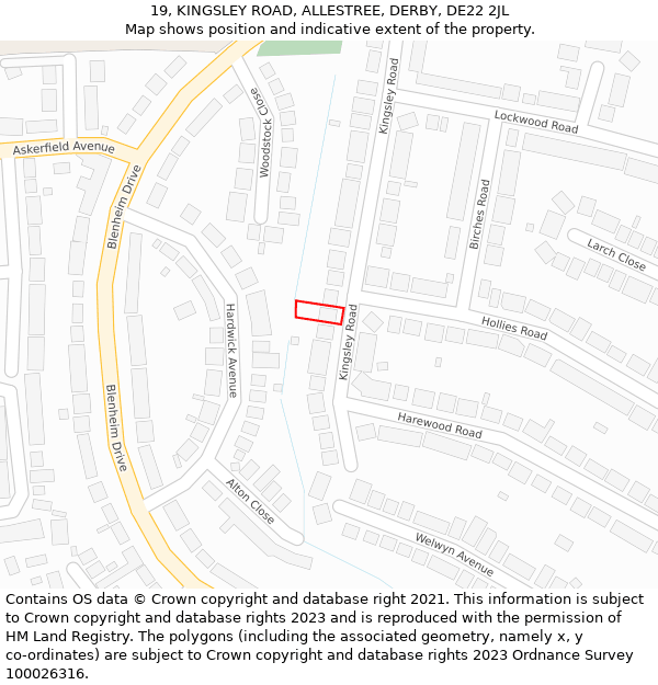 19, KINGSLEY ROAD, ALLESTREE, DERBY, DE22 2JL: Location map and indicative extent of plot