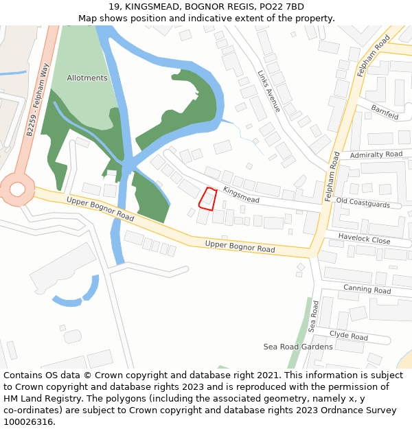 19, KINGSMEAD, BOGNOR REGIS, PO22 7BD: Location map and indicative extent of plot