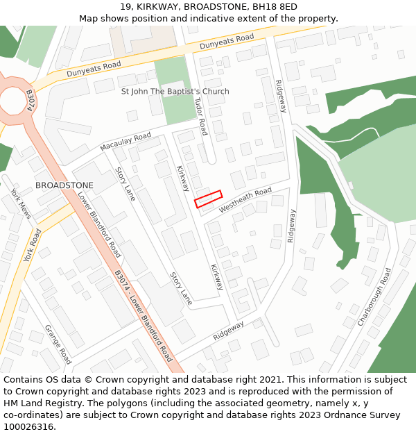 19, KIRKWAY, BROADSTONE, BH18 8ED: Location map and indicative extent of plot