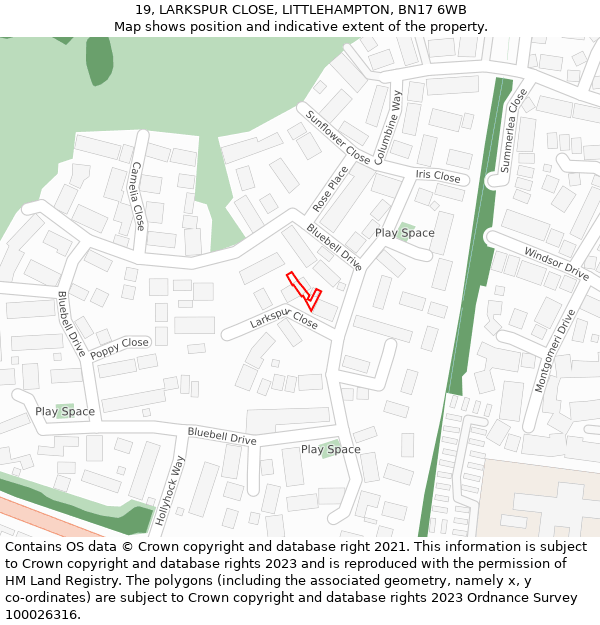 19, LARKSPUR CLOSE, LITTLEHAMPTON, BN17 6WB: Location map and indicative extent of plot