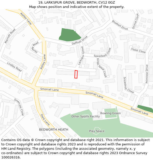 19, LARKSPUR GROVE, BEDWORTH, CV12 0GZ: Location map and indicative extent of plot