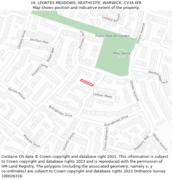 19, LEONTES MEADOWS, HEATHCOTE, WARWICK, CV34 6FR: Location map and indicative extent of plot