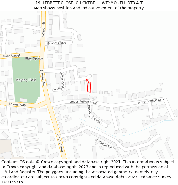 19, LERRETT CLOSE, CHICKERELL, WEYMOUTH, DT3 4LT: Location map and indicative extent of plot