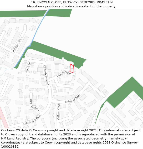 19, LINCOLN CLOSE, FLITWICK, BEDFORD, MK45 1UN: Location map and indicative extent of plot