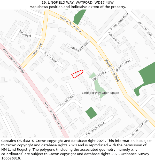 19, LINGFIELD WAY, WATFORD, WD17 4UW: Location map and indicative extent of plot