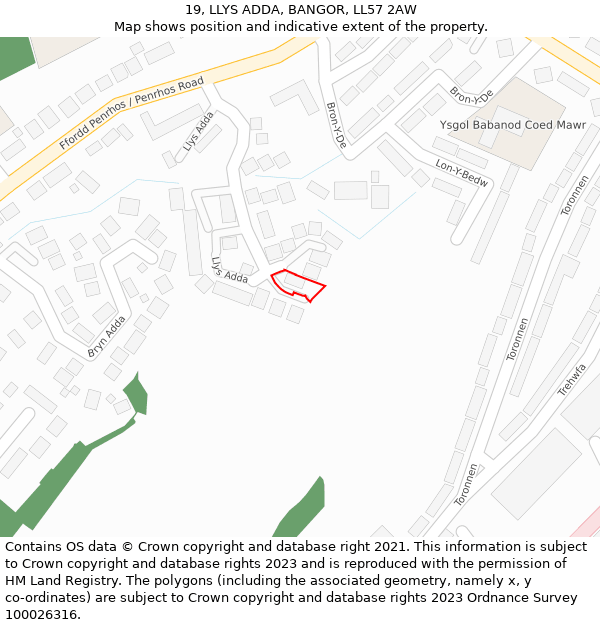 19, LLYS ADDA, BANGOR, LL57 2AW: Location map and indicative extent of plot